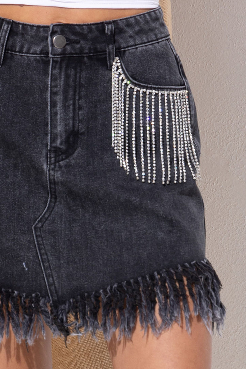 themeisles Rhinestone Fringe Denim Skirt