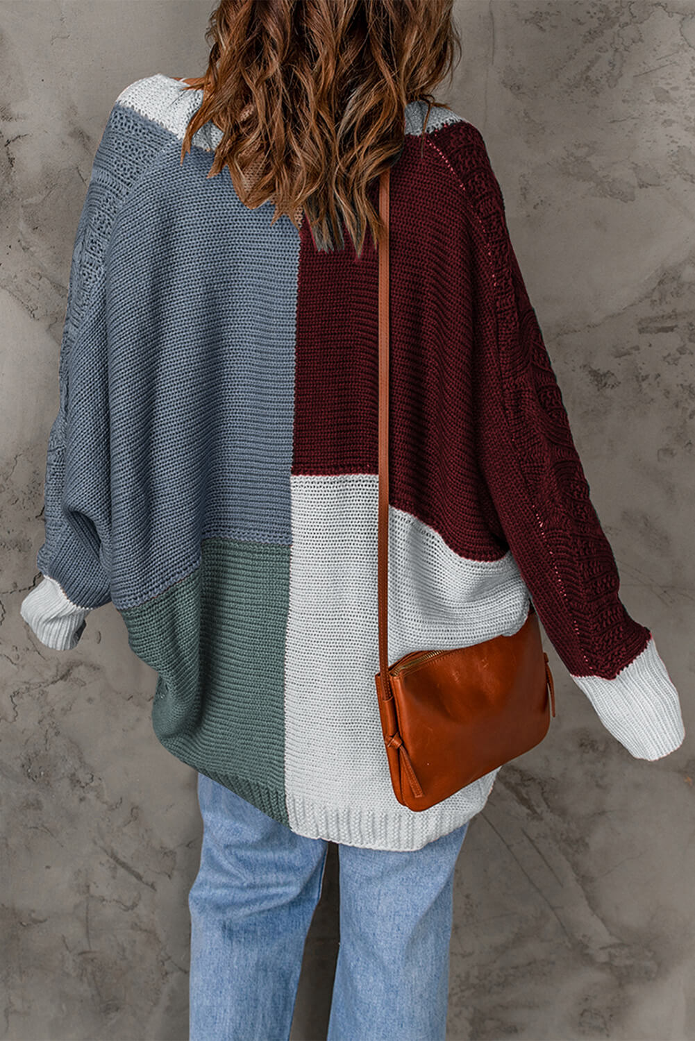 swvws Color Block Cable-Knit Batwing Sleeve Cardigan