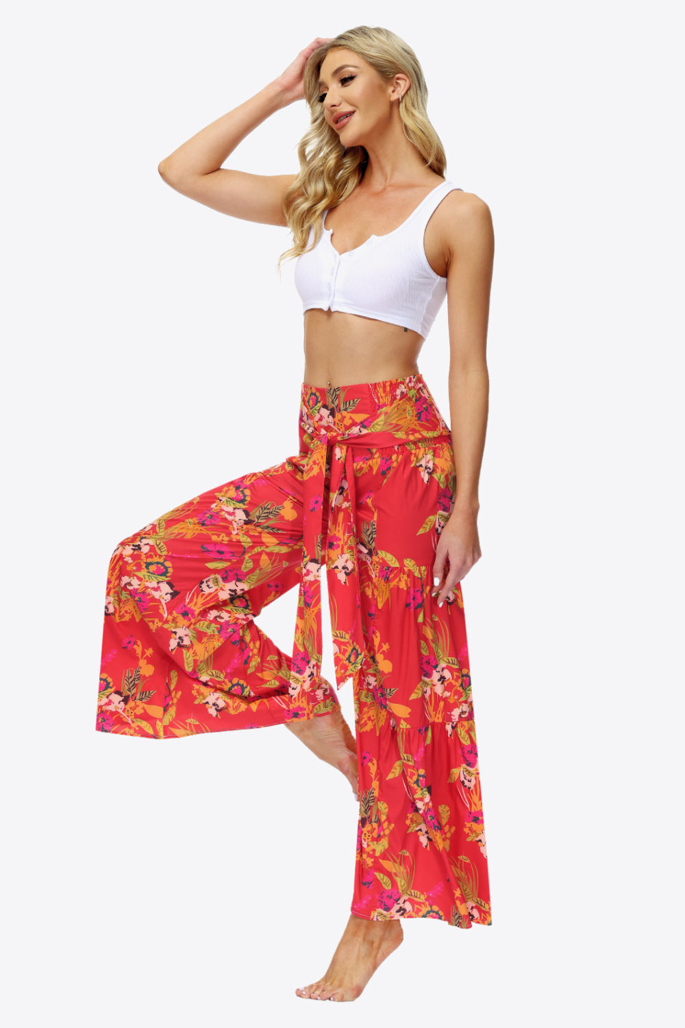 swvws Floral Tie-Waist Tiered Culottes