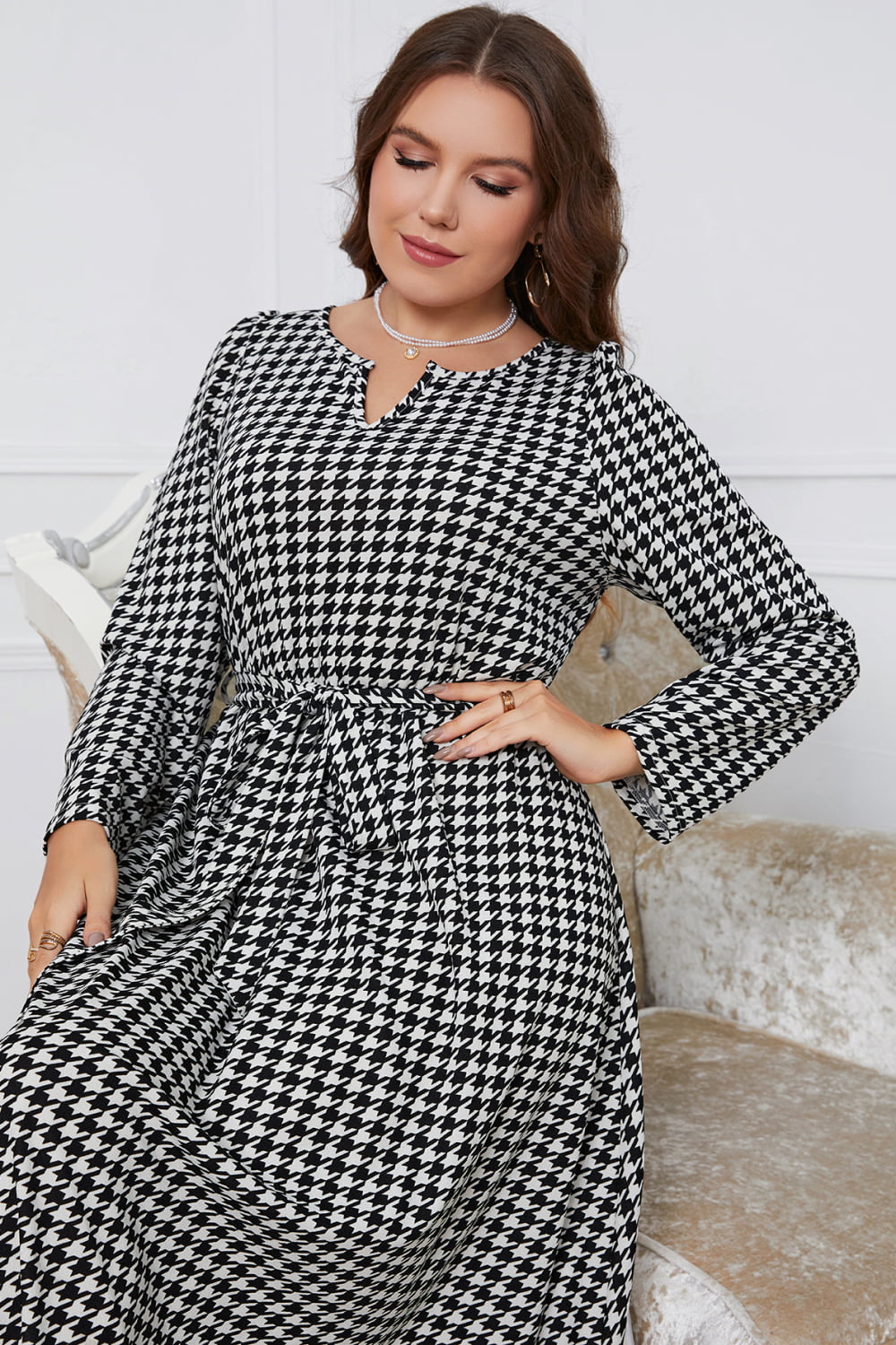 swvws Melo Apparel Plus Size Notched Neck Houndstooth Tie Belt Maxi Dress