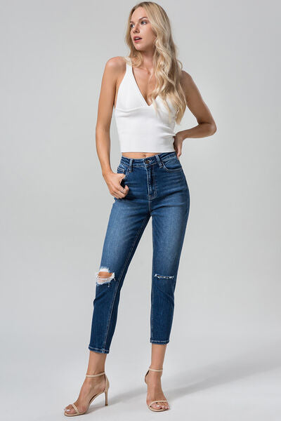 swvws BAYEAS Full Size High Waist Distressed Washed Cropped Mom Jeans