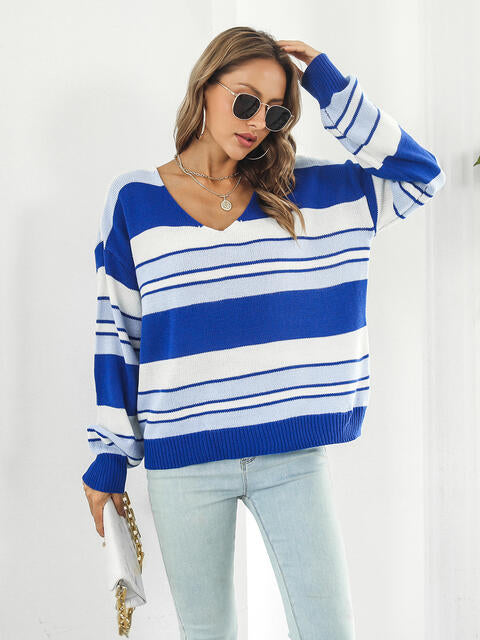 swvws Striped V-Neck Long Sleeve Knit Top