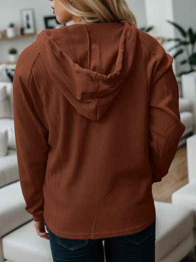 swvws Waffle-Knit Drawstring Quarter Button Hoodie