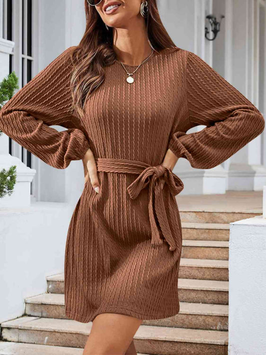 swvws Round Neck Tie Front Long Sleeve Dress