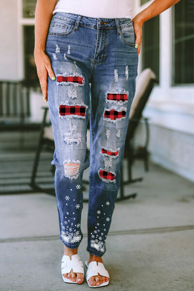 swvws Plaid Snow Graphic Distressed Jeans