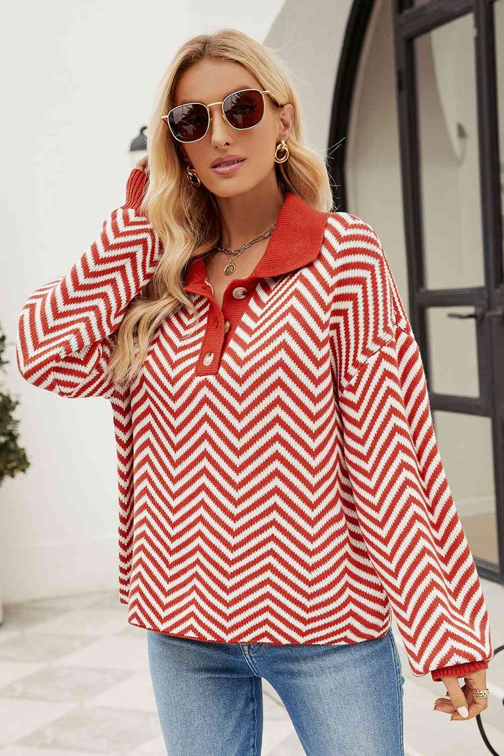 swvws Striped Collared Neck Buttoned Pullover Sweater