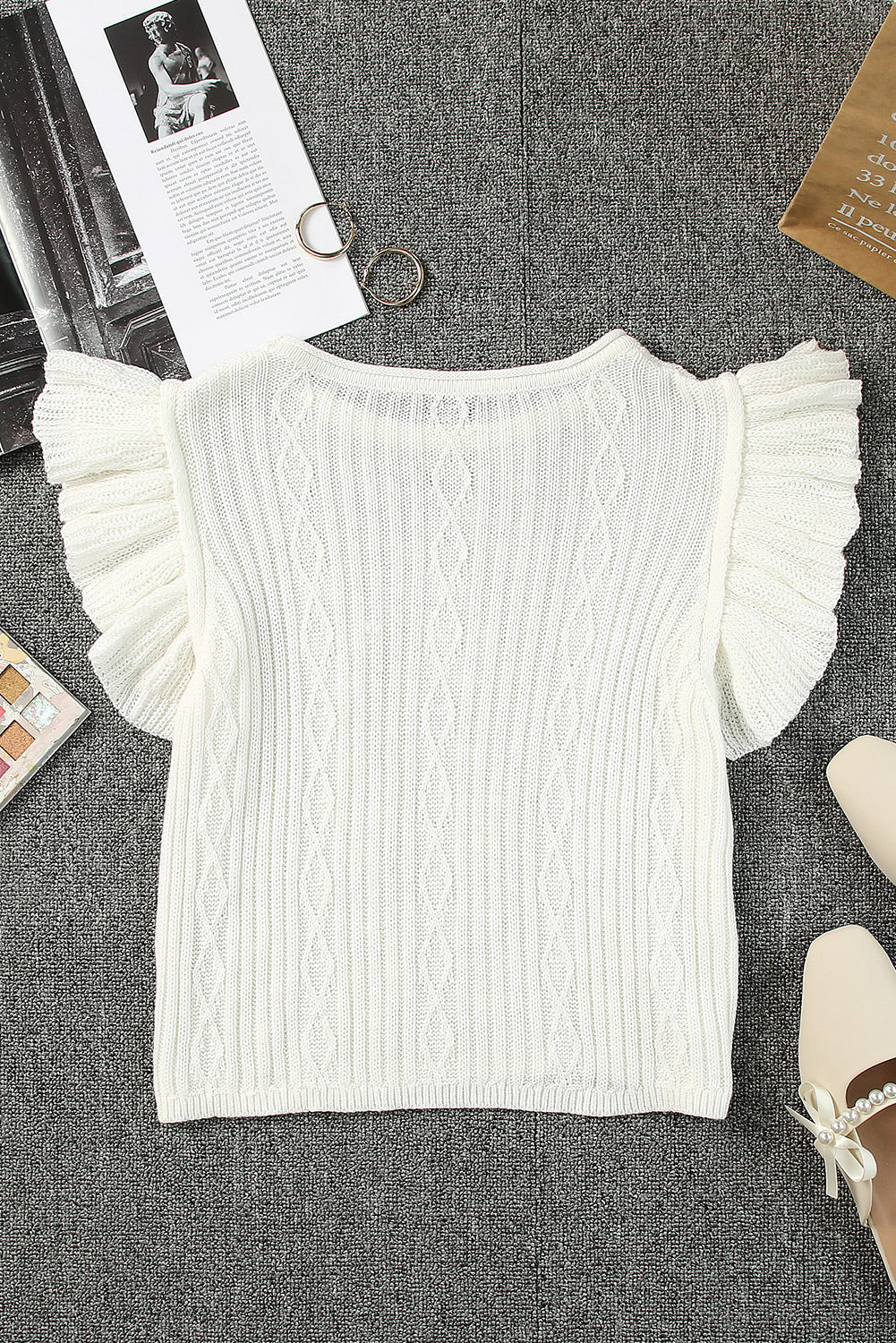 swvws Flutter Sleeve Pompom Detail Knit Top