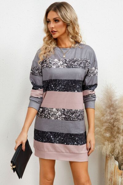 swvws Striped Round Neck Dropped Shoulder Dress