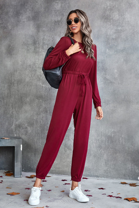 swvws Drawstring Waist Round Neck Long Sleeve Jumpsuit