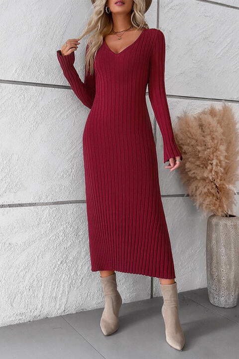 swvws V-Neck Long Sleeve Ribbed Sweater Dress