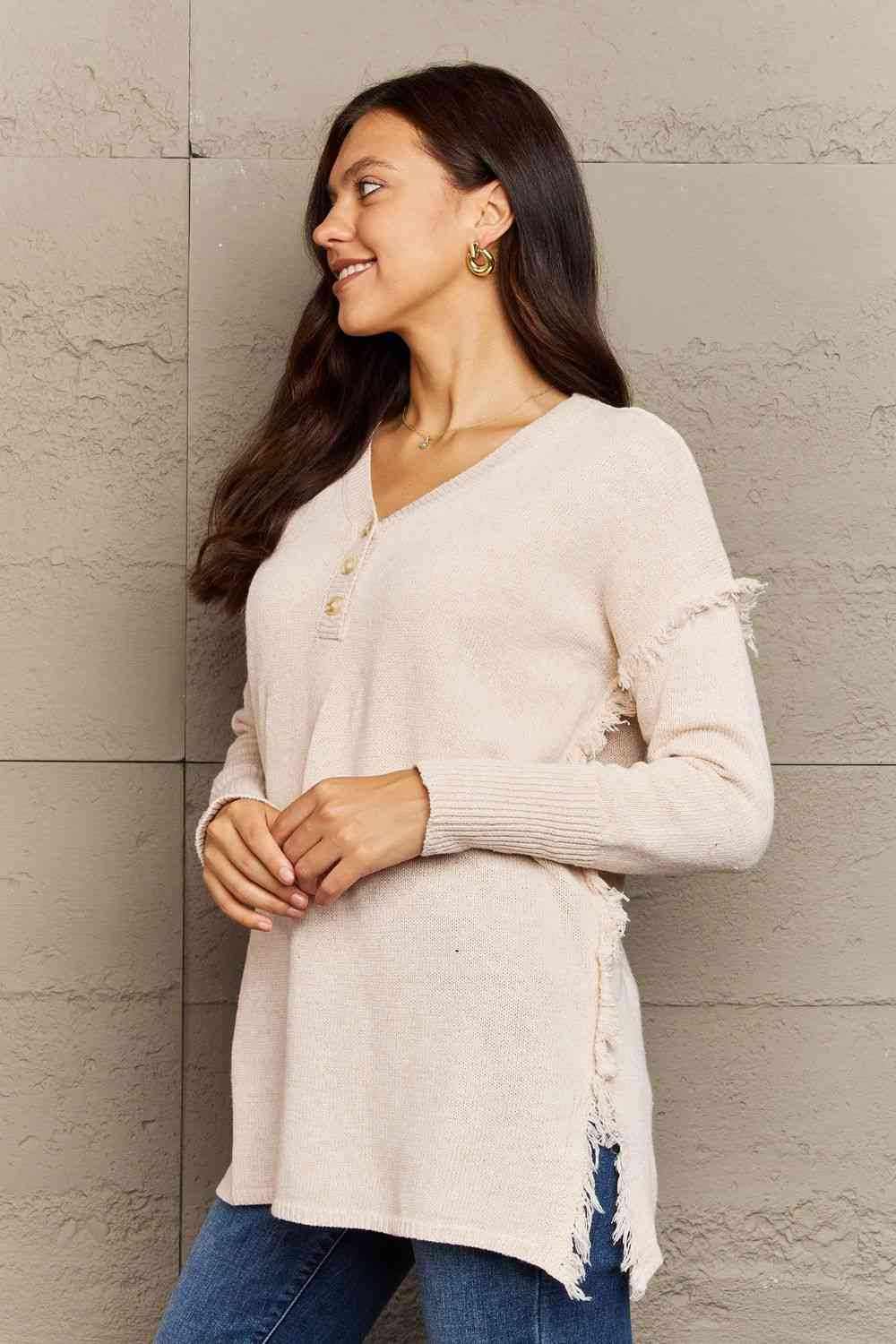 swvws Ninexis Full Size Buttoned Dropped Shoulder Raw Hem Pullover Sweater