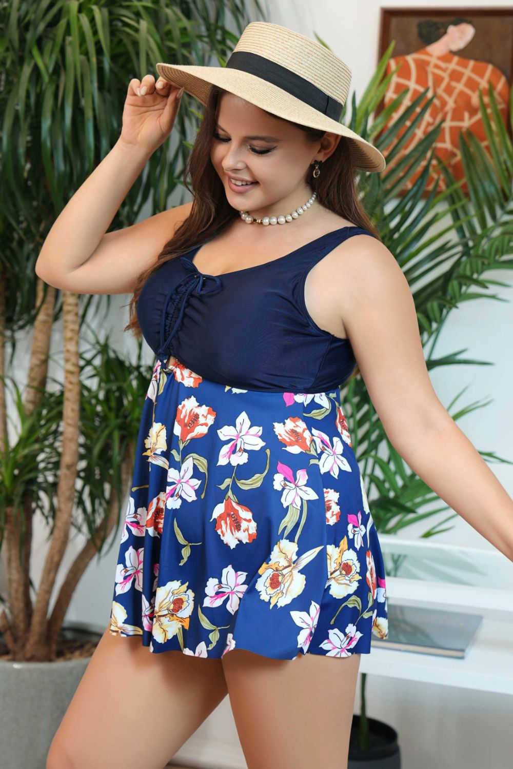 swvws Plus Size Floral Ruched Sleeveless Swim Top