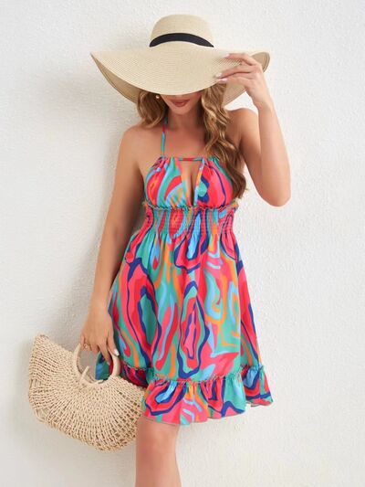 swvws Smocked Printed Halter Neck Mini Dress