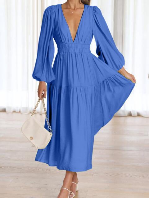 swvws Deep V-Neck Balloon Sleeve Plain Maxi Dress