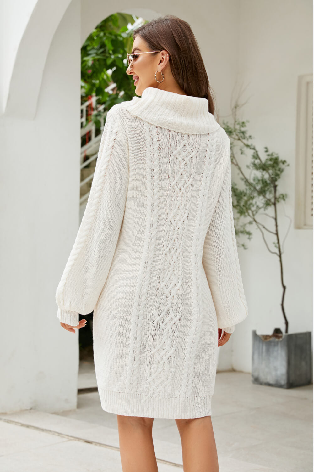 swvws Mixed Knit Turtleneck Lantern Sleeve Sweater Dress