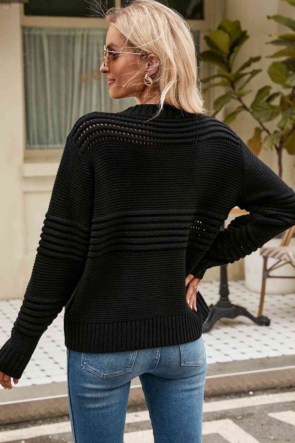 swvws Round Neck Openwork Long Sleeve Pullover Sweater