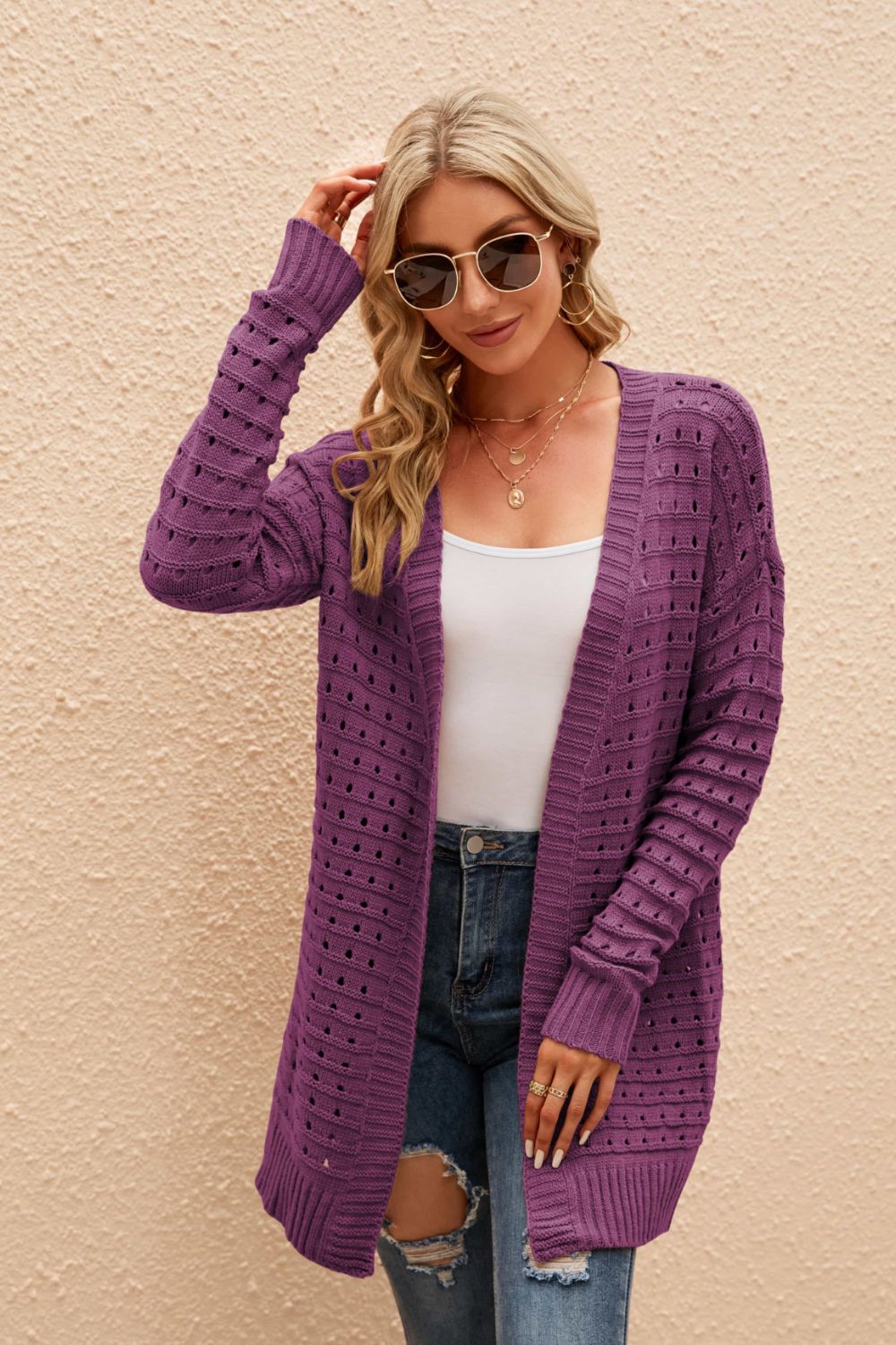 swvws Openwork Horizontal Ribbing Open Front Cardigan