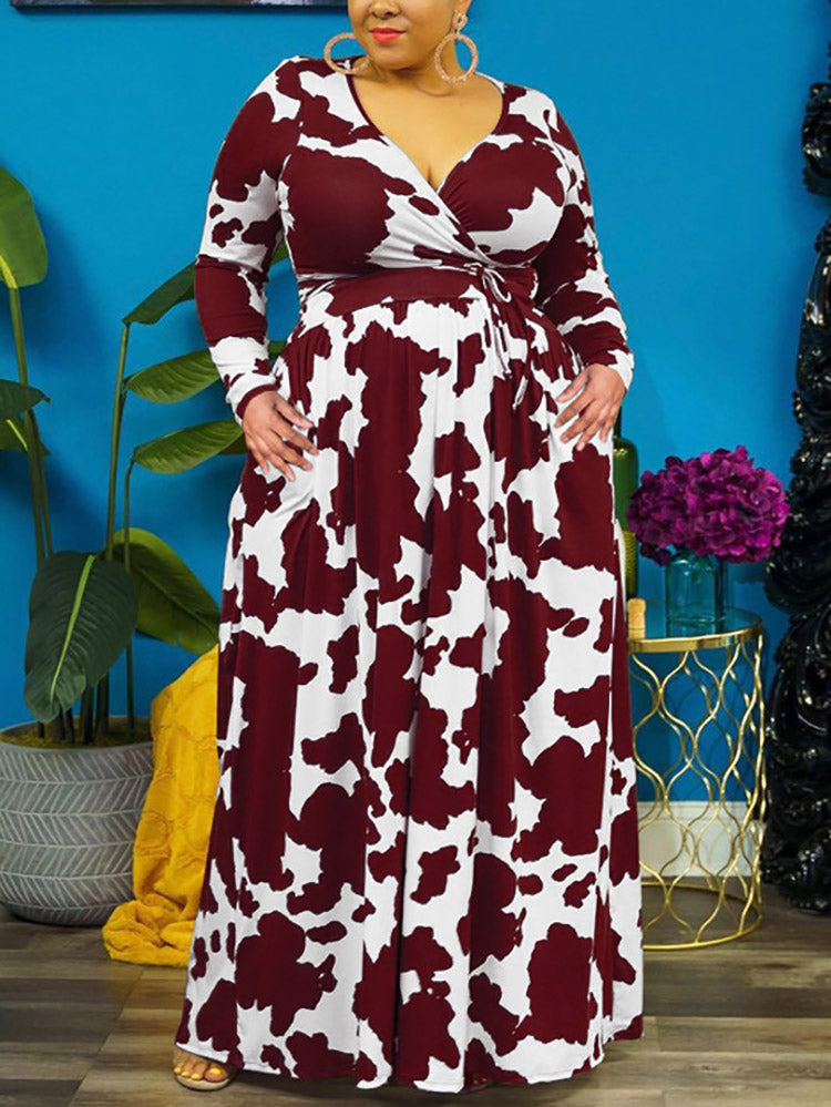 Sixsr Cow Print V Neck Wrap Dress