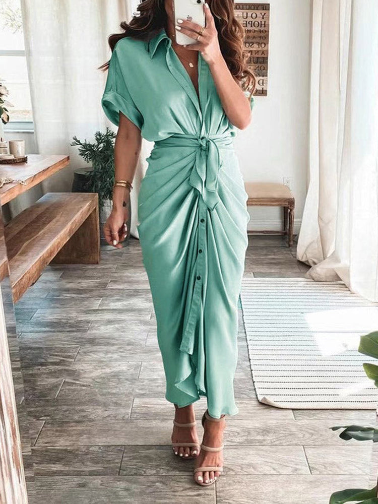 Sixsr Satin Pleated Bandage Shirt Dress