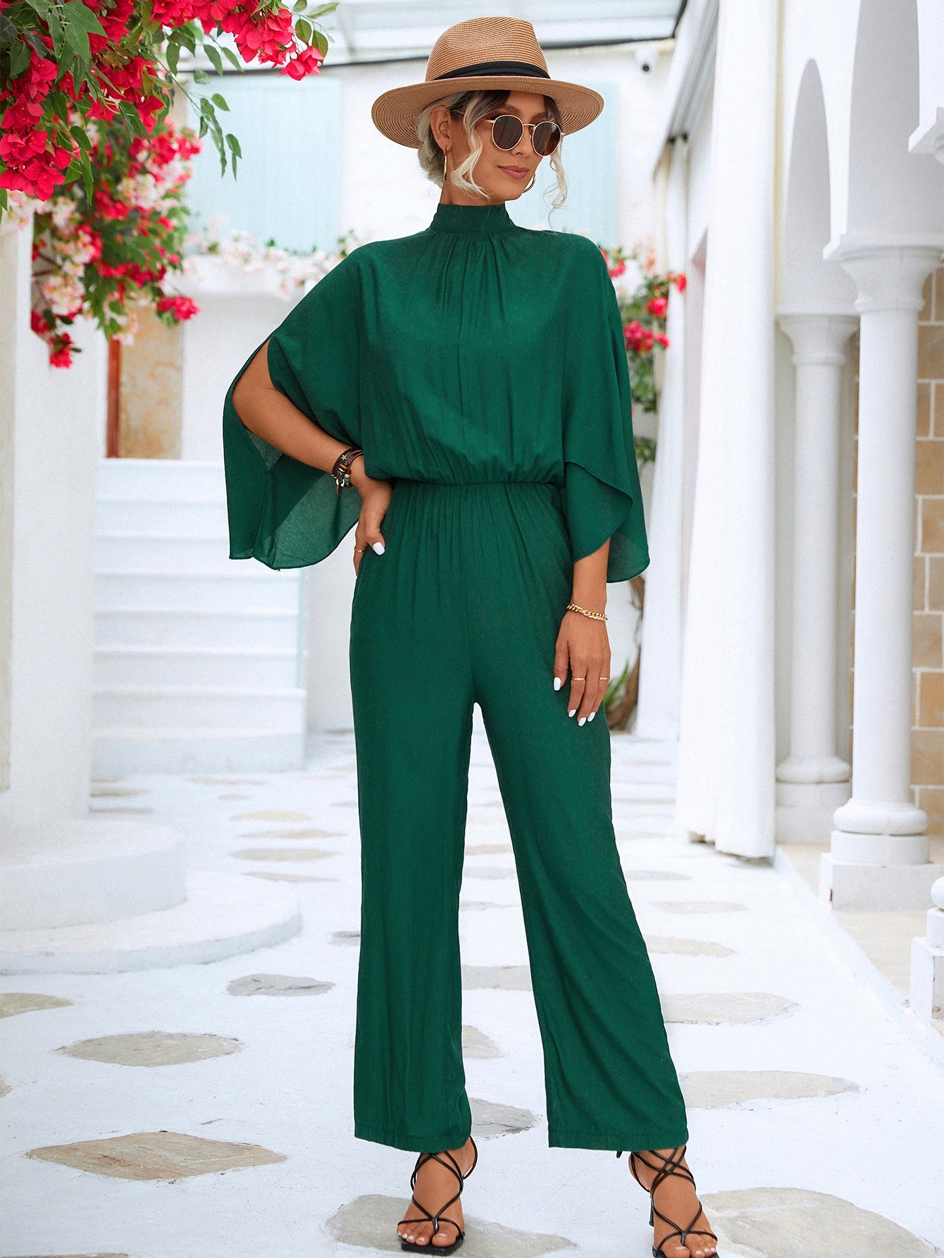 swvws Tie Back Mock Neck Split Sleeve Jumpsuit