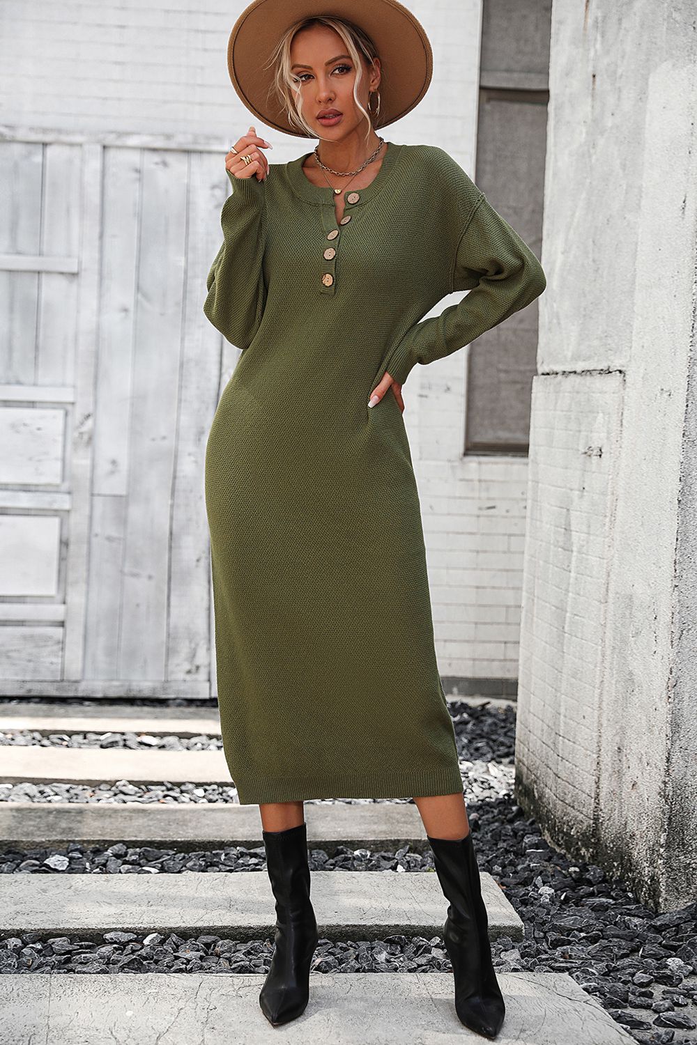 swvws Notched Neck Dropped Shoulder Button-Down Midi Dress