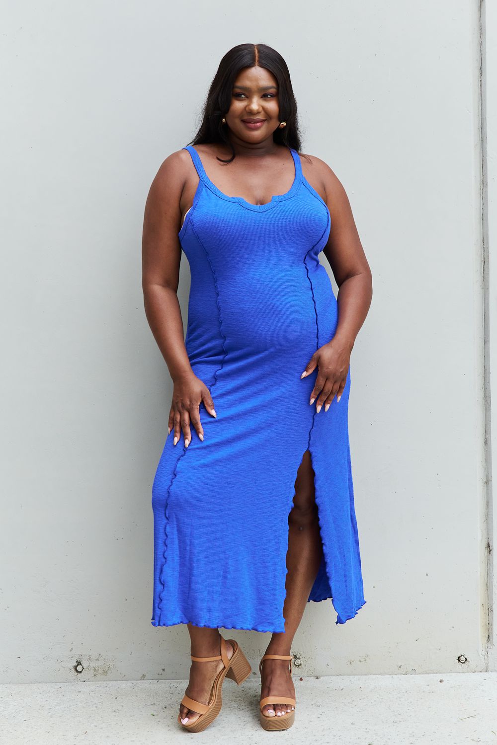 swvws Culture Code Look At Me Full Size Notch Neck Maxi Dress with Slit in Cobalt Blue