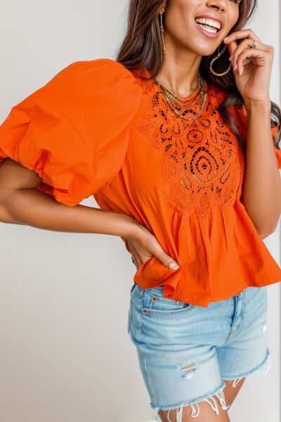 swvws Openwork Round Neck Balloon Sleeve Blouse