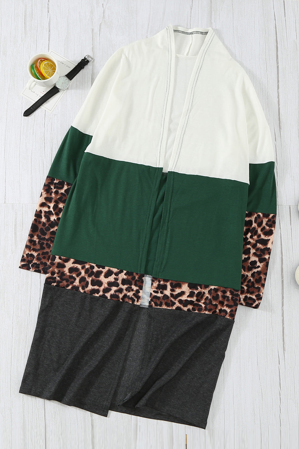 swvws Leopard Color Block Open Front Longline Cardigan