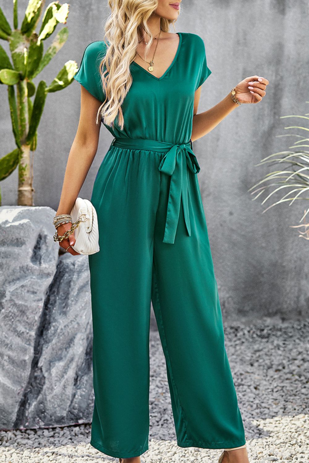 swvws Tie Belt V-Neck Short Sleeve Jumpsuit