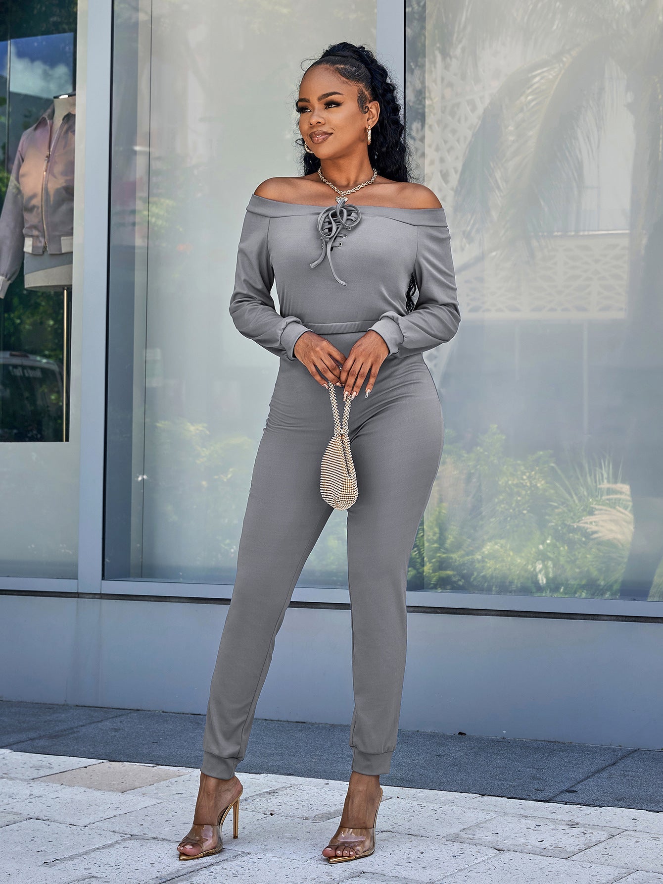 swvws Lace-Up Off-Shoulder Long Sleeve Jumpsuit