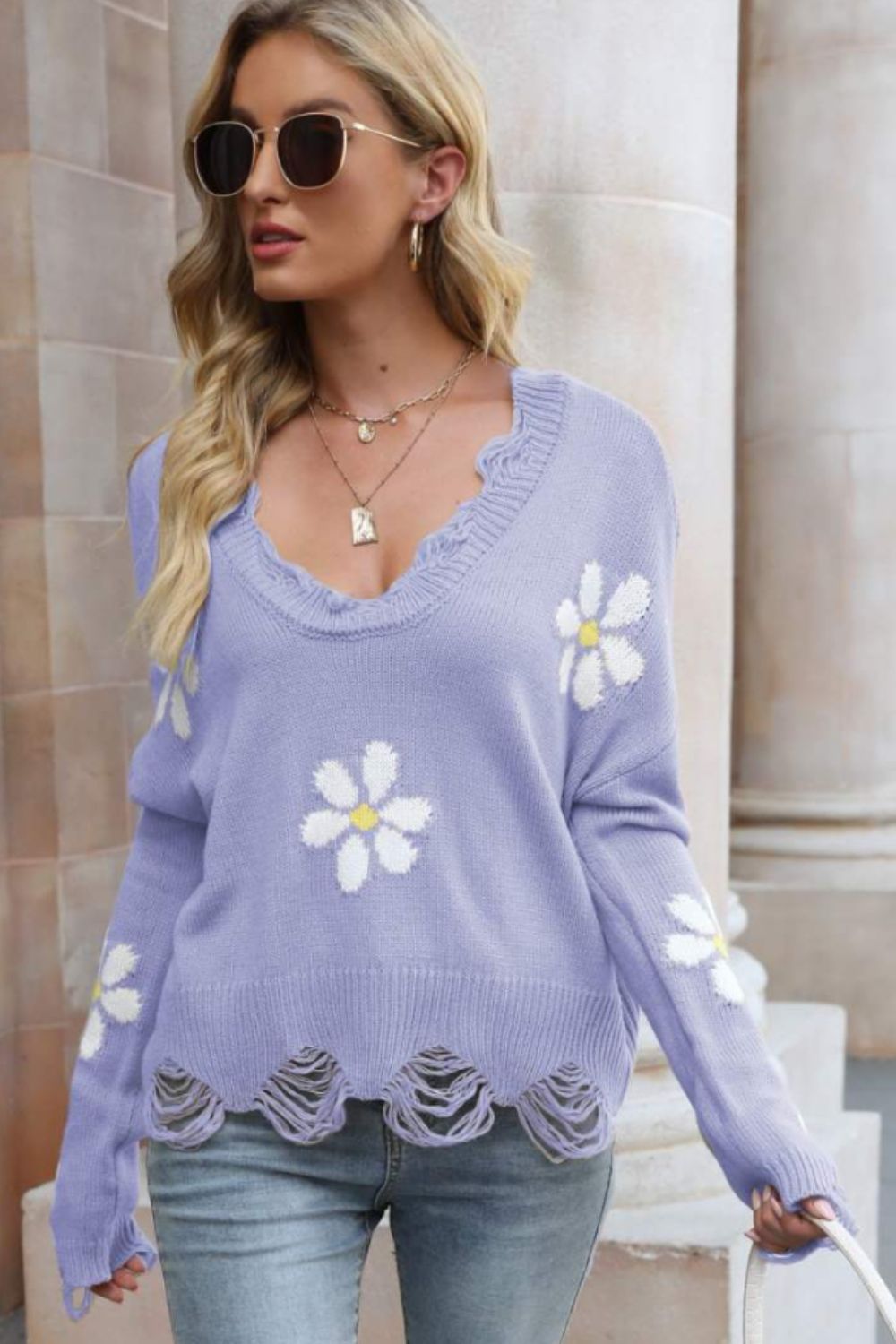 swvws Flower Distressed Ribbed Trim Sweater