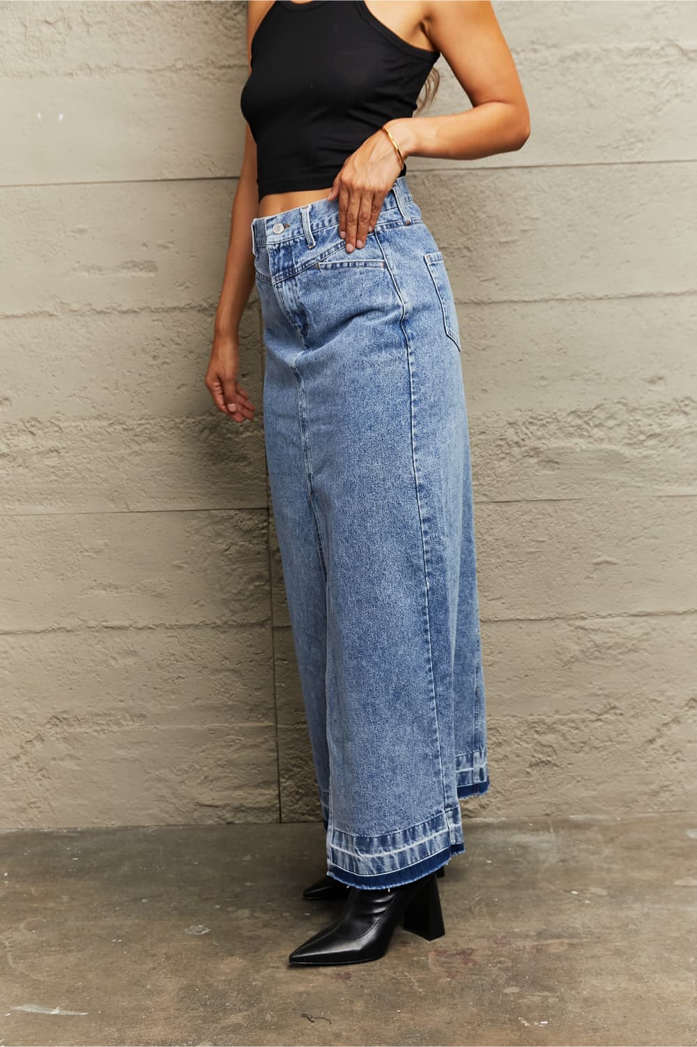 themeisles Front Slit Maxi Denim Skirt