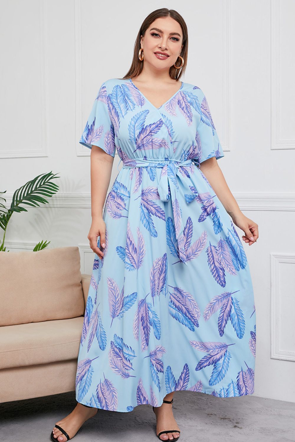 swvws Plus Size Printed Surplice Short Sleeve Maxi Dress