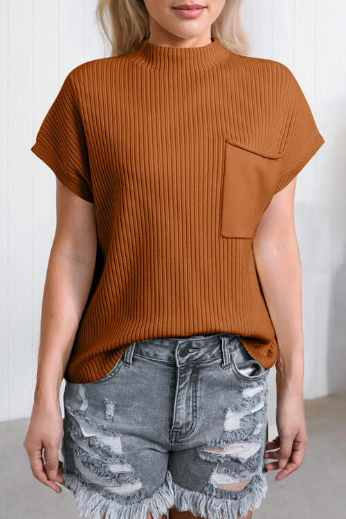 swvws Ribbed Mock Neck Short Sleeve Knit Top