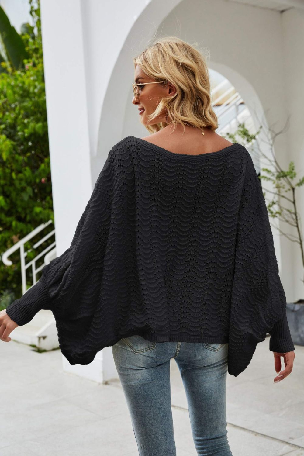 swvws Openwork Boat Neck Dolman Sleeve Sweater