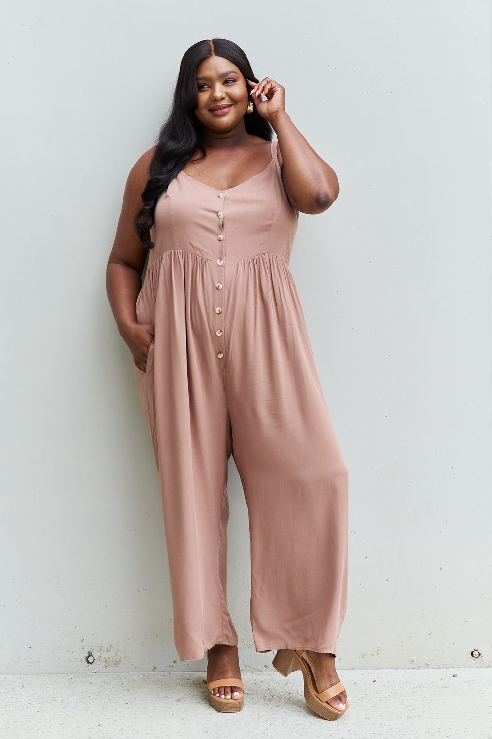 swvws HEYSON All Day Full Size Wide Leg Button Down Jumpsuit in Mocha