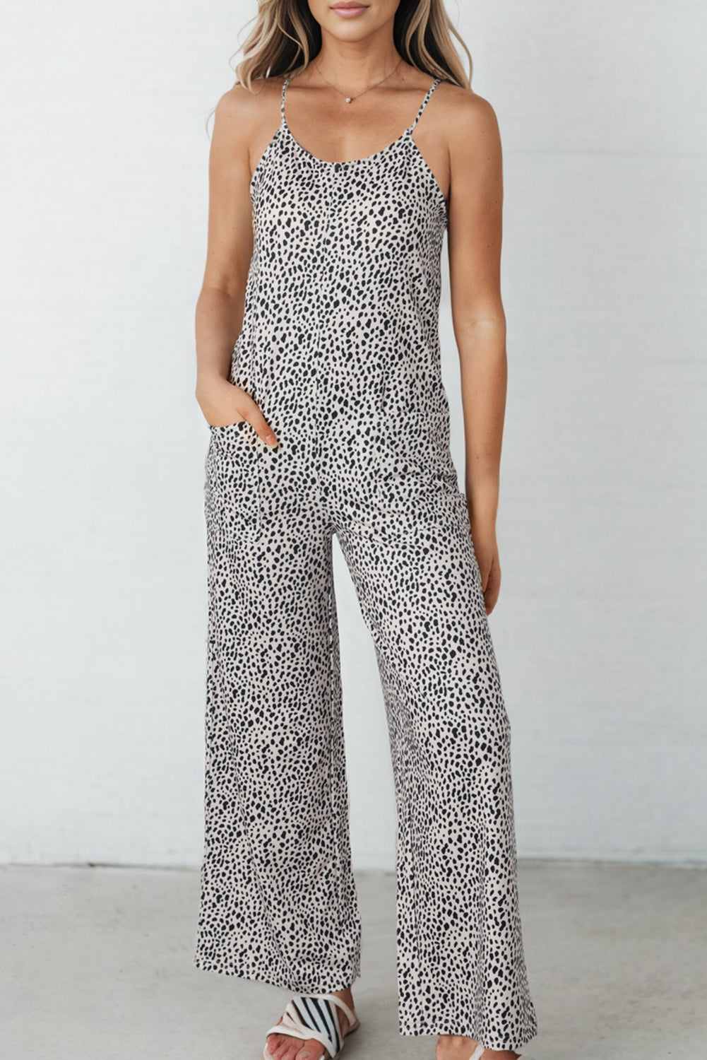 swvws Printed Spaghetti Strap Jumpsuit with Pockets