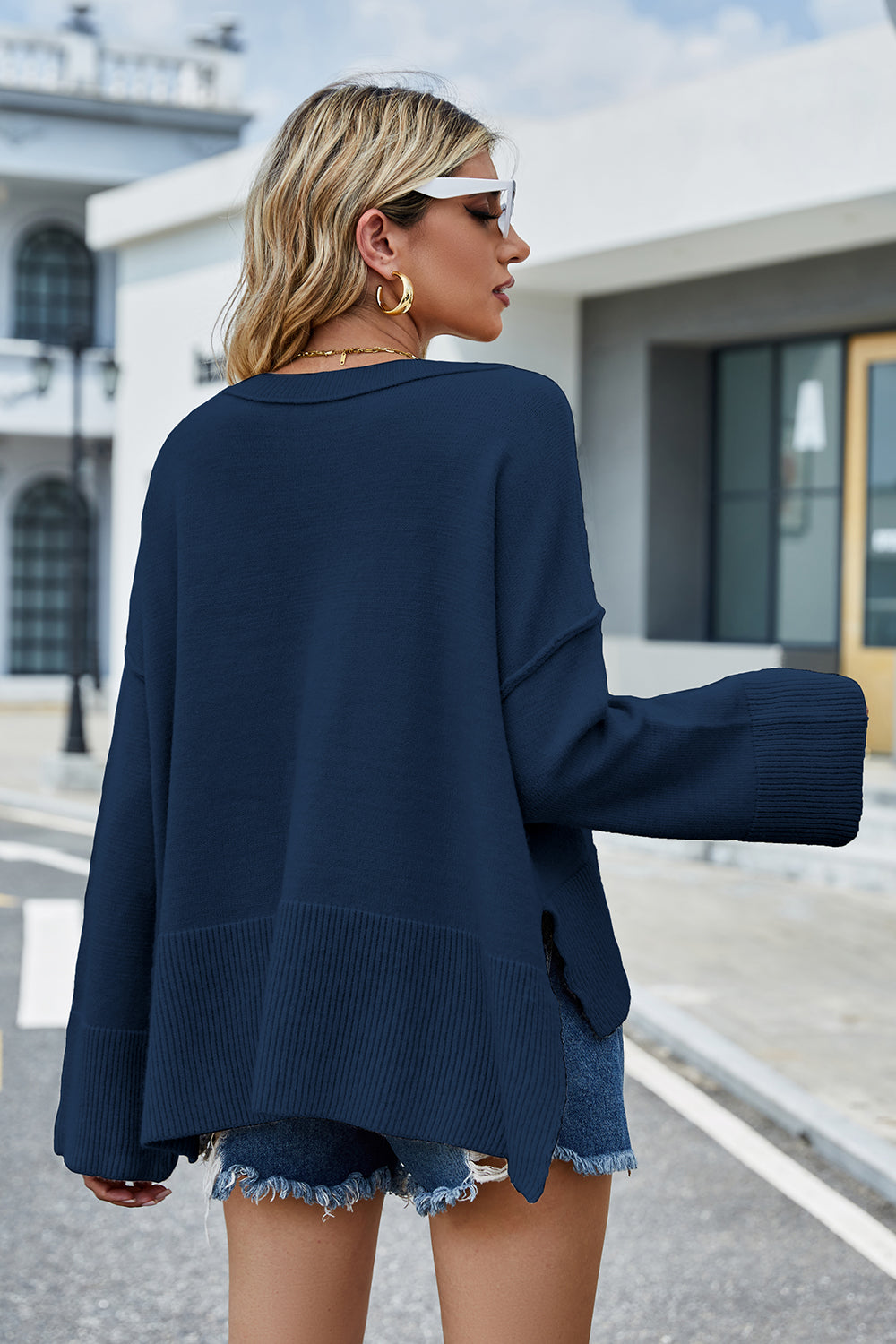 swvws Round Neck Dropped Shoulder Slit Sweater