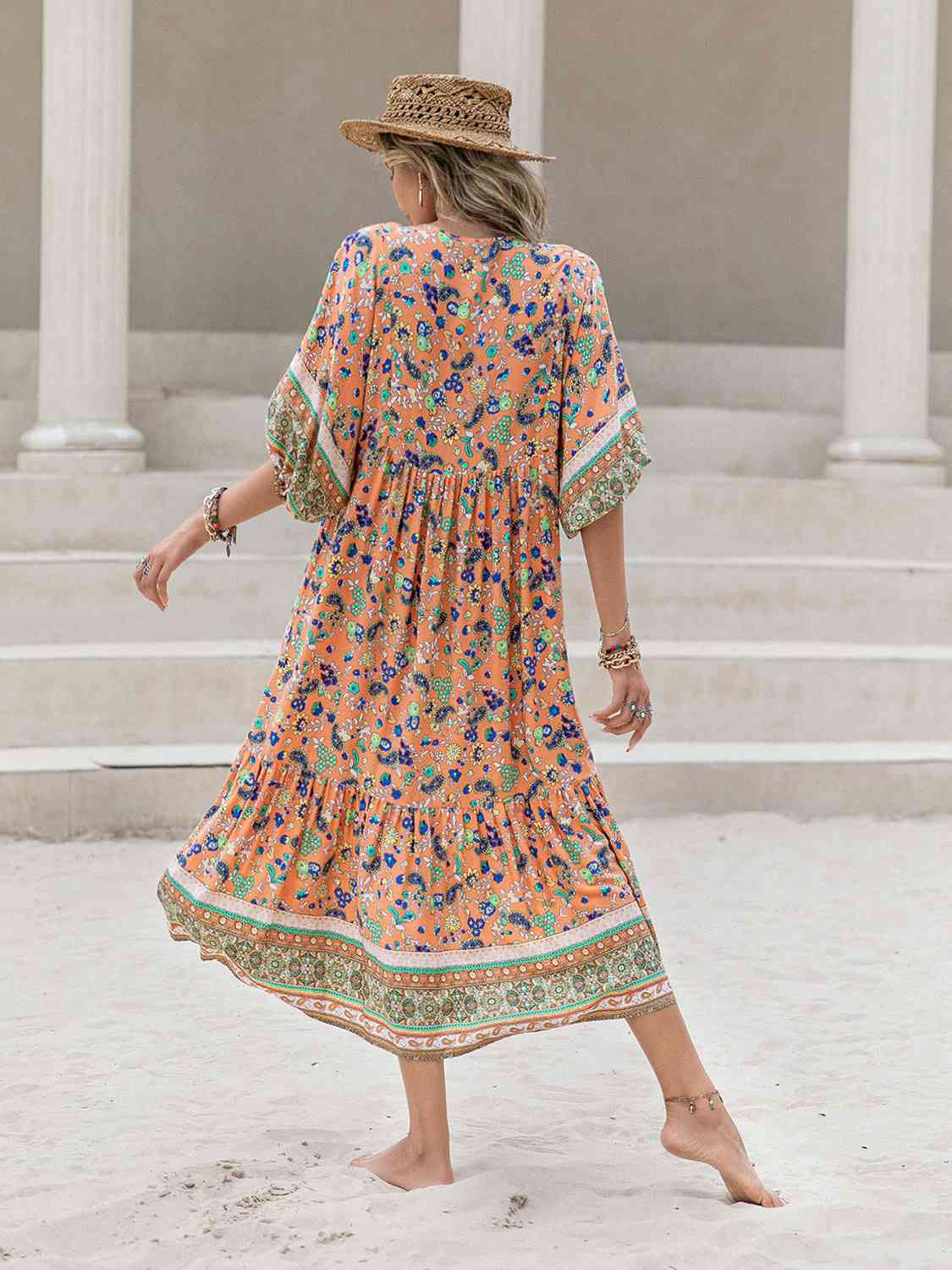 swvws Printed V-Neck Short Sleeve Maxi Dress