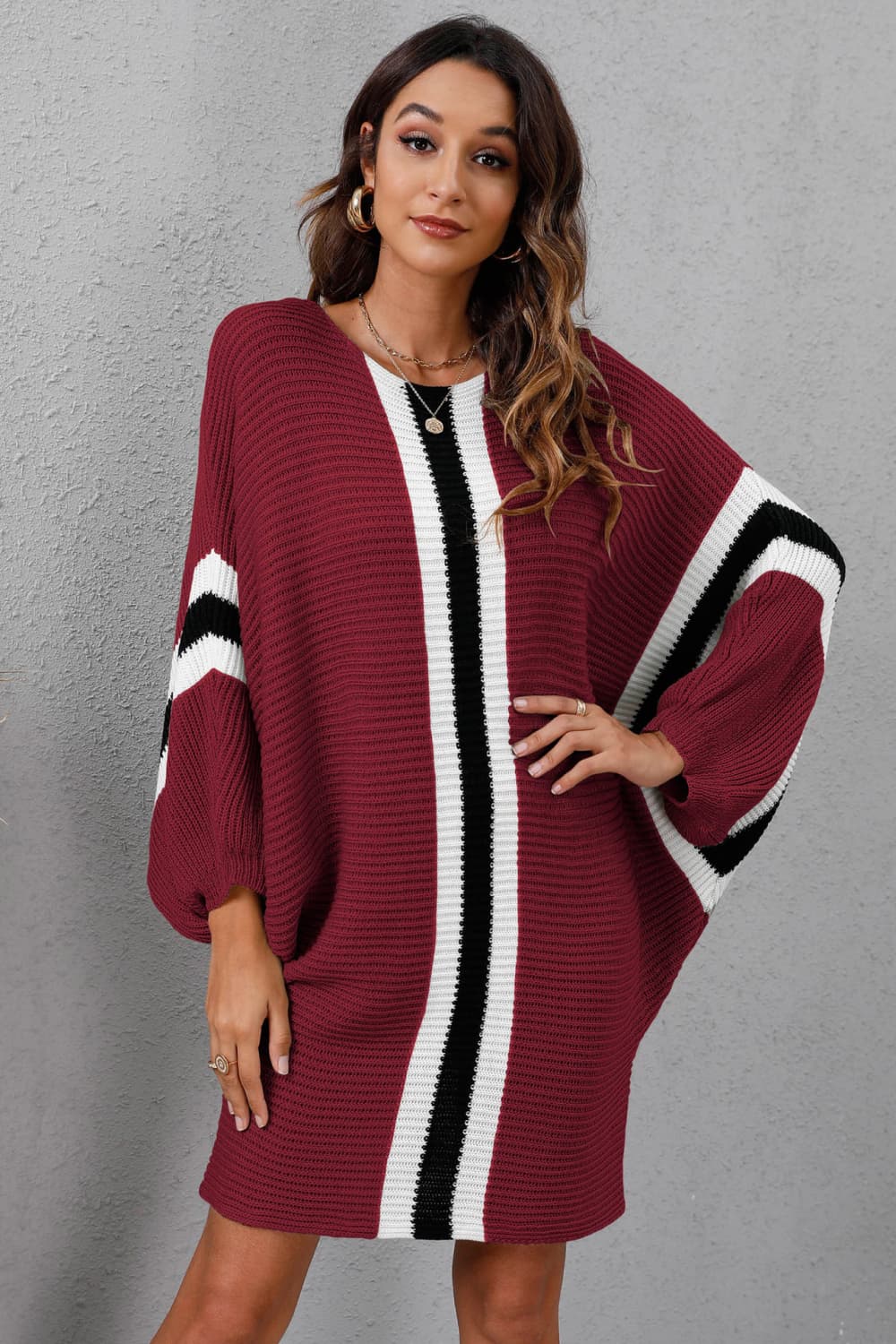 swvws Ribbed Round Neck Long Sleeve Sweater Dress