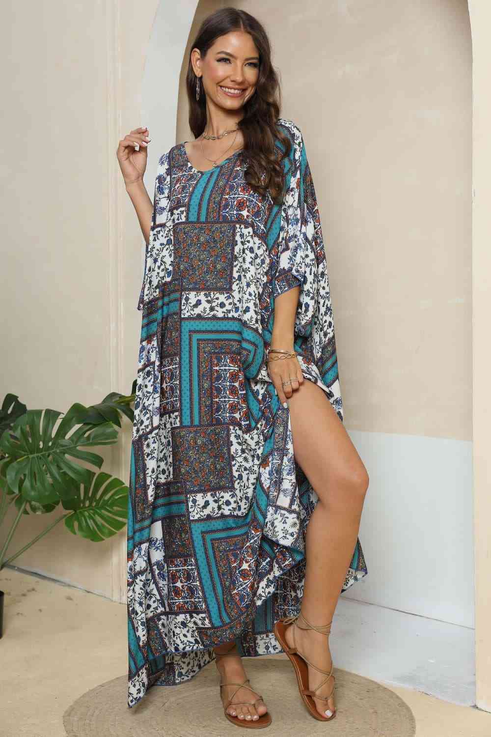 swvws Printed V-Neck Split Maxi Dress