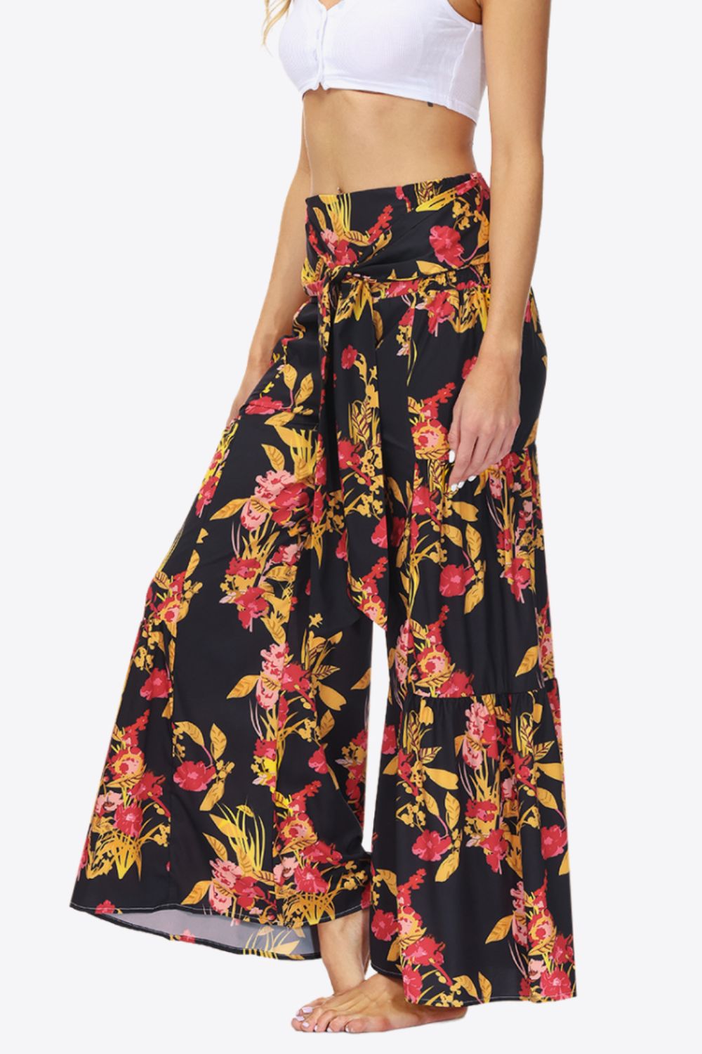 swvws Floral Tie-Waist Tiered Culottes