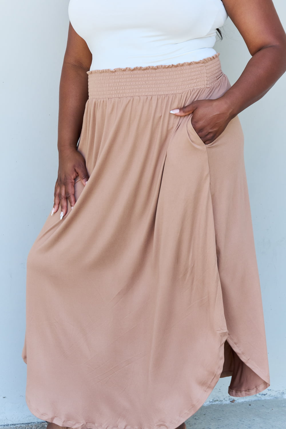 themeisles Doublju Comfort Princess Full Size High Waist Scoop Hem Maxi Skirt in Tan