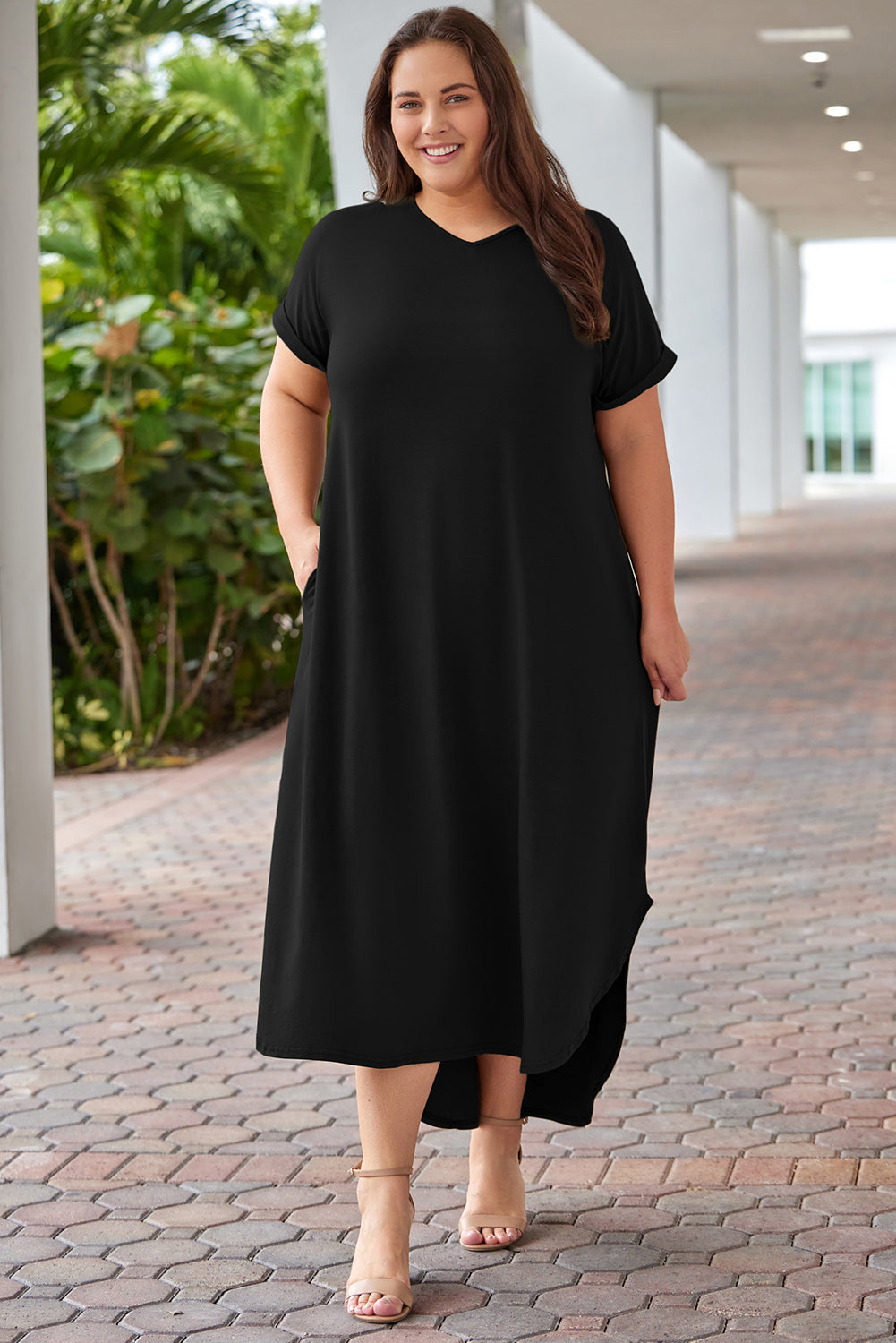 swvws Plus Size V-Neck Short Sleeve Maxi Dress