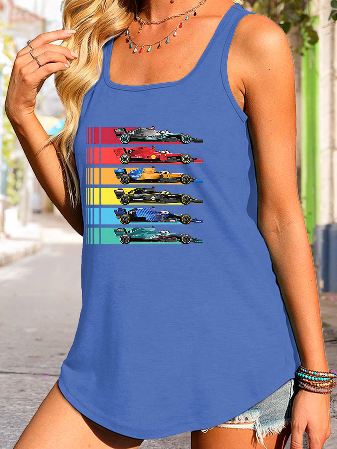 swvws Scoop Neck Race Car Graphic Tank Top