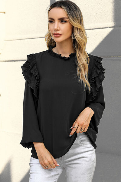 swvws Ruffled Round Neck Long Sleeve Blouse