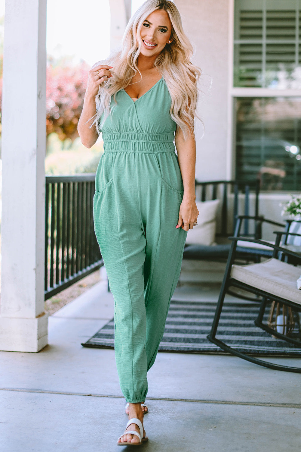 swvws Spaghetti Strap V-Neck Jumpsuit with Pockets