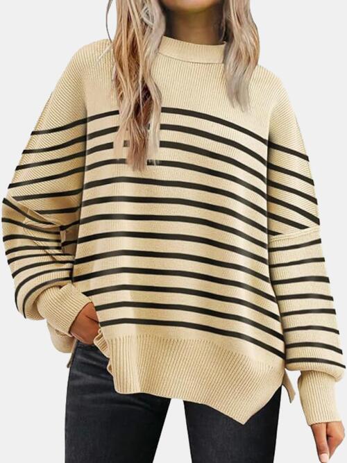 swvws Round Neck Drop Shoulder Slit Sweater