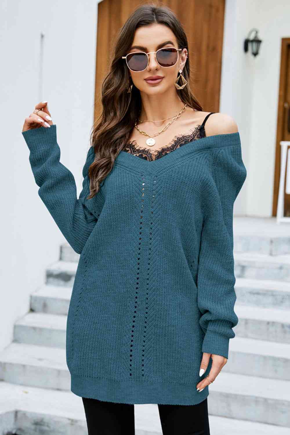 swvws Openwork V-Neck Long Sleeve Sweater