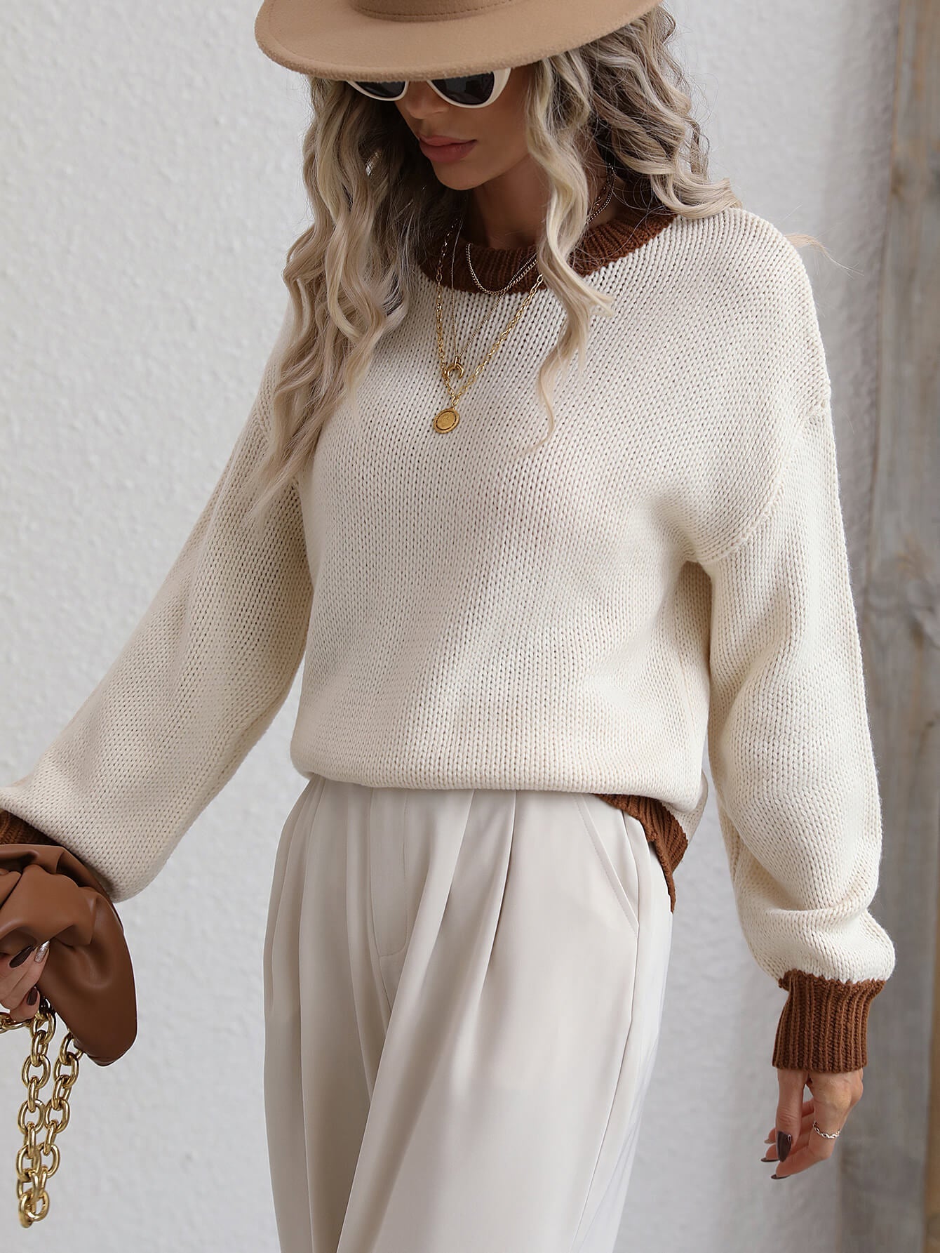 swvws Contrast Trim Drop Shoulder Pullover Sweater